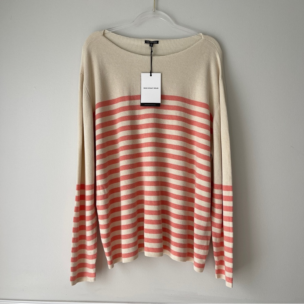Who What Wear Cream and Coral Striped Crewneck Sweater